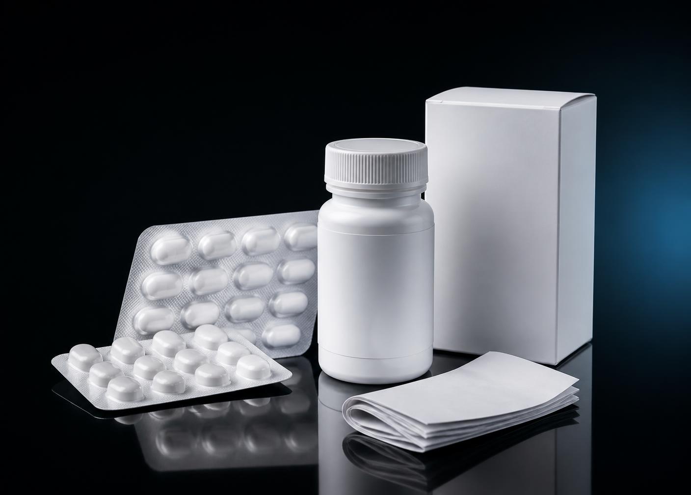 Blísteres, frasco, inserto plegado y estuche farmacéutico sin marca sobre fondo negro