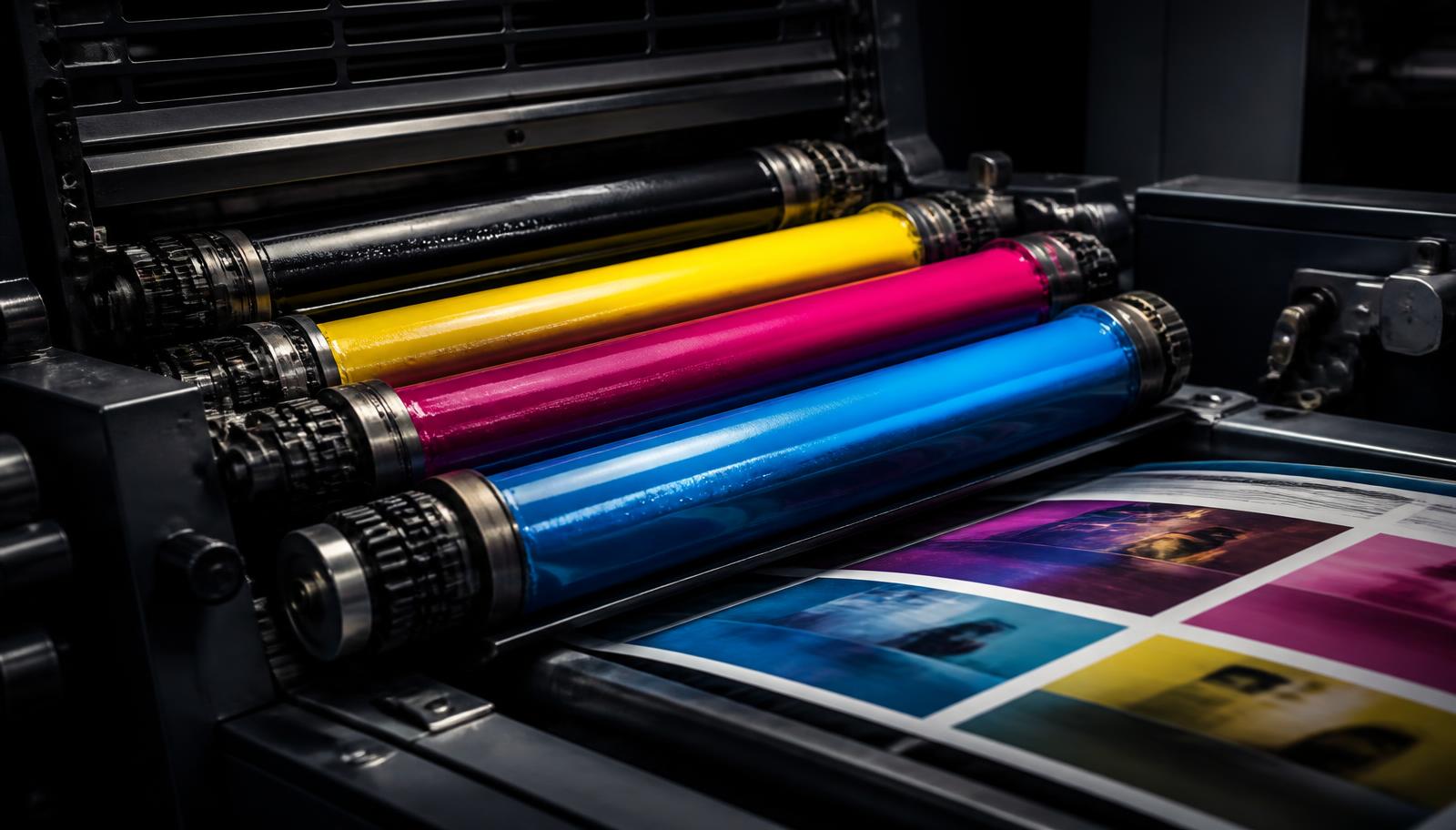 Rodillos de tinta CMYK de una máquina de impresión offset