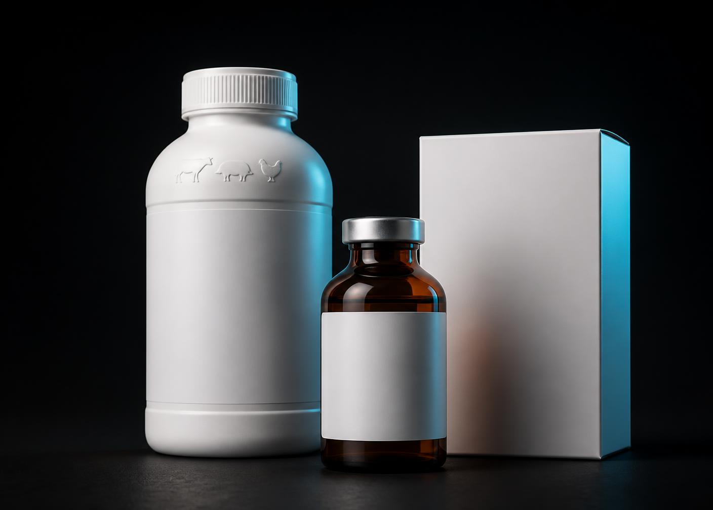 Frasco veterinario, vial ámbar y caja sin marca como mockups de referencia